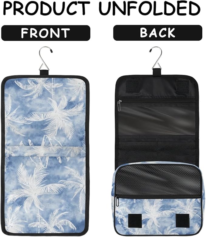 Vintage Blue Palm Hanging Travel Toiletry Kit Bag with Hook for Men and Boys, Beach Tropical Tree Makeup Case Waterproof Cosmetic Bag Storage Bag Organizer for Accessories Toiletries