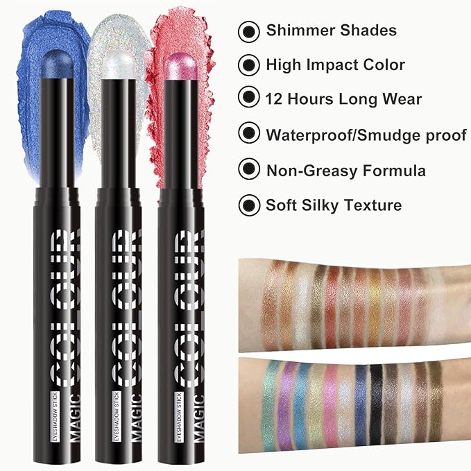White Shimmer Eyeshadow, White Cream Glitter Eyeshadow Stick Pencil, Waterproof Long Lasting High Pigment Eye Shadow Crayon Pen, Women Multi-Dimensional Eye Highlighter Stick (19#)