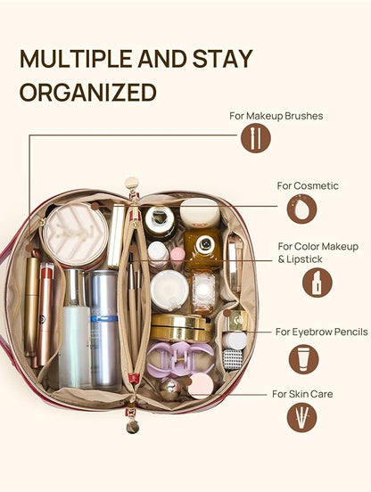 Telena Leather Make Up Bag Portable Travel Makeup Bag Waterproof Cosmetic Bags for Women Large Capacity With Handle and Divider Open Flat