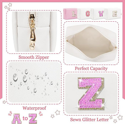 Initial Letter Patch Makeup Bag, Preppy Glitter Pouch Cosmetic Bag, Small PU Travel Toiletry Bag Zipper, Personalized Monogrammed Gift for Friends, Sisters & Teens (Letter Z)