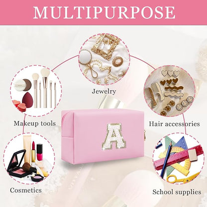 Personalized Initial Makeup Bag, Preppy Glitter Letter Patch Cosmetic Pouch, PU Waterproof Travel Toiletry Bag, Cute Makeup Organizer, Monogrammed Gift for Women Girls (Letter A)