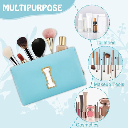 Personalized Small Initial Preppy Makeup Bag, Cute Blue Chenille Letter Cosmetic Organizer Toiletry Travel Pouch, Waterproof Portable PU Monogram Make Up Bag Case Gift for Women Friends Her(Letter I)