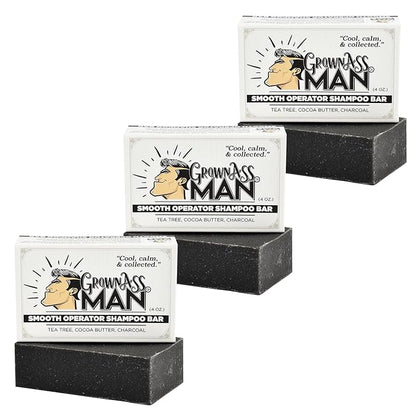Grown Ass Man Co. - Solid Shampoo Bar Rich Lather 3 in 1: Hair, Beard & Body Wash - Plastic Free & Eco-Friendly, Natural & Organic Clean for All Hair Types, 4oz Bar (Smooth Operator, 3-Pack)