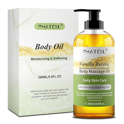 PHATOIL Vanilla Body Oil with Sweet Orange, Juniper Berry and Thyme Essential Oils, Premium Scented Body Oil for Moisturizing Skin, Massage Oil for Women Men After Shower - 8.8 FL.OZ(260ML)