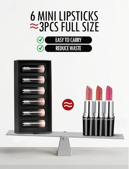 Anglicolor 6PC Mini Glitter Lipstick Set,High Pigmented,Lightweight Smooth Moisturizing Formula,Glossy Shine,Travel Size,Metallic Shimmer Lipstick Gift Sets For Women Girls Makeup kit
