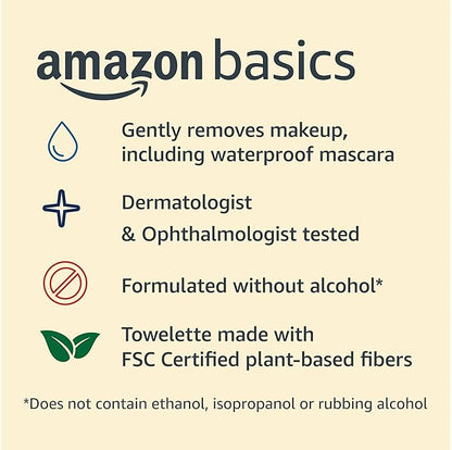 Amazon Basics Makeup Remover Wipes, Gentle Cleansing, Dermatologist Tested, Original, Plant Based, Alcohol-Free, Removes Waterproof Mascara, 25 Count Per Pack, Pack of 2