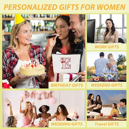 Initial Makeup Bag Monogram Cosmetic Bag Monogrammed Gifts for Women Girls Friends Coworker Niece Personalized Travel Toiletry Bag Christmas Bridal Shower Wedding Bridesmaid Gifts, Cherry E
