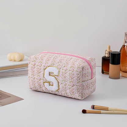 JOVAKIT Makeup Bag Cosmetic Bags for Women, Christmas Gifts for Girls Age 6-18, Alphabet Pink Floral Coquette Zipper Travel Makeup Pouch, Organizer Case Trendy Stuff (Pink+ Blue S)