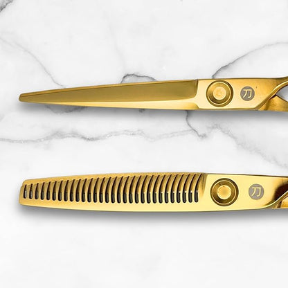 6 Inch Yellow Gold Swivel Hair Shears Set Includes Swivel Cutting Shears and Swivel Thinning Shears - Professional Grade - 440C Stainless Steel