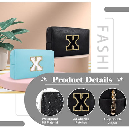 Personalized Initial A-Z Preppy Patch Makeup Bag,Small PU Chenille Letter Cosmetic Bag with Zipper for Teen Girls,Black Cute Toiletry Organizer Bag,Monogram Makeup Case Gift for Women Girls,Letter X