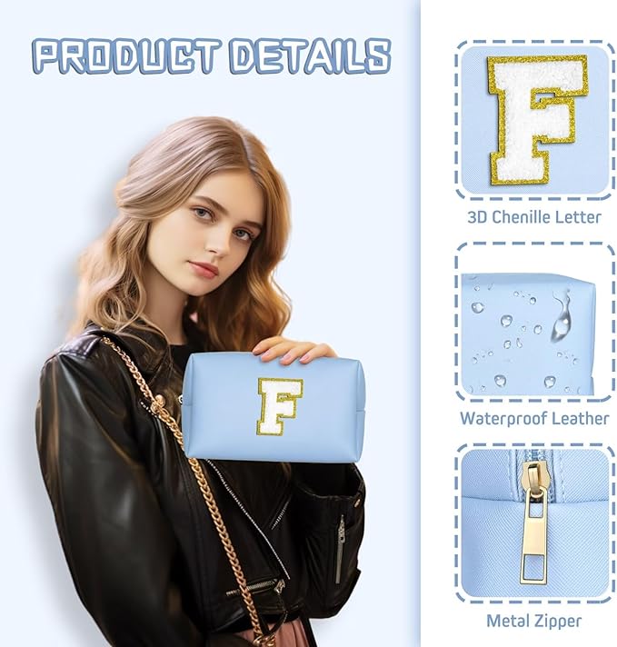 TOPEAST Preppy Makeup Bag, Small Cosmetic Travel Bags for Women, PU Leather Waterproof Toiletry Bag with Zipper, Personalized Birthday Gift for Women Girl, Preppy Gifts for Girl (Sky Blue Z)