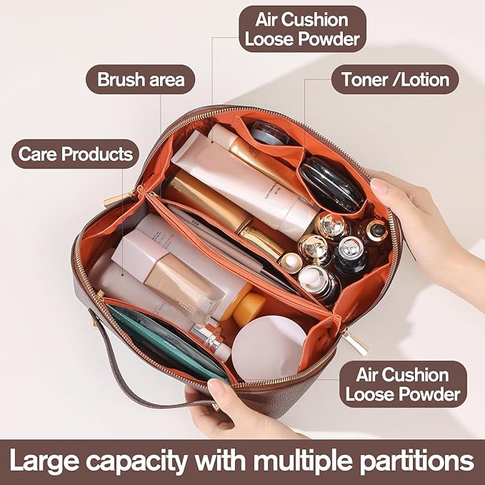 Travel Makeup Bag Travel Toiletry Bag Waterproof PU Leather Checkered Makeup Organizer Bag Woman Cosmetic Organizer Bag With Headband and Wristband Set(Khaki, Checkerboard pattern)