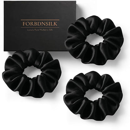 100% Pure 22 Momme Mulberry Silk Scrunchies (Set of 3) | Highest grade (6A) Luxury Hair Ties| (Black,White,Pink) | (Black, Standard)