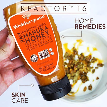 Wedderspoon Raw Manuka Honey, Unpasteurized, Genuine New Zealand Honey, Multi-Functional, Non-GMO Superfood, Convenient Squeeze Bottle, KFactor 16, 12 Ounce