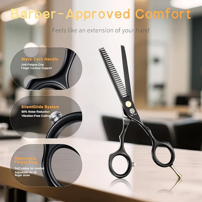 Purple Dragon 5.5 inch Hair Cutting Scissors Set with Razor, Leather Scissors Case, Barber Hair Cutting Shears Hair Thinning/Texturizing Shears for Professional Hairdresser or Home Use (Black)