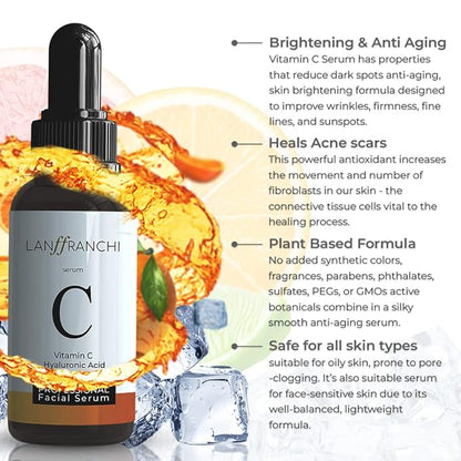 Vitamin C and Hyaluronic Acid Face Serum, Brightening and Anti-Aging, Plant-Based Formula, Unisex, 1 oz