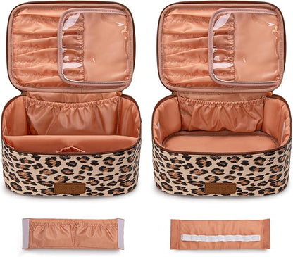 Montana West X Wrangler Travel Makeup Bag 2pcs Set Large Cosmetic Bag with Makeup Brush Holder Portable Make Up Organizer Cute Toiletry Bag with Divider and Handle for Women Leopard