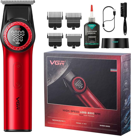 VGR 977 Professional Hair Trimmer Hair Clippers for Men, 8000rpm T-Blade Trimmer Zero Gapped Cordless Barber Clippers, Rechargeable Edgers Clippers with LED Display(Red)