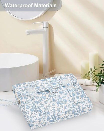 Hanging Toiletry Bag, Travel Toiletries Bag with Hanging Hook, Water Resistant Makeup Cosmetic Organizer for Full Sized Container, Shampoo, Portable Wash Bag for Travel Size Essentials - Blue Flower