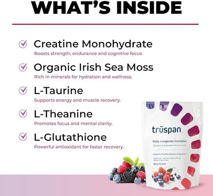 TruSpan Daily Longevity Complex Creatine Powder, with Essential Amino Acids, Sugar Free, Berry Fusion Flavor, 30 Servings