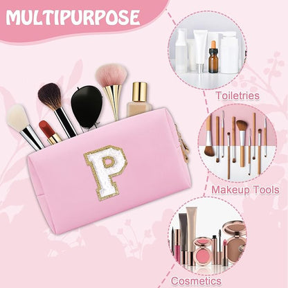 Personalized Initial Preppy Makeup Bag Organizer, Pink Small Travel Cosmetic Bag Monogram Toiletry Zipper Pouch for Women, Portable Waterproof PU Makeup Case for Women Friends Party Gift(Letter P)