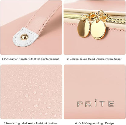 Prite Makeup Bag for Women Travel Waterproof Vegan Leather Cosmetic Bag Open Flat Toiletry Bag With Clear Divider and Handle (Large Pink)