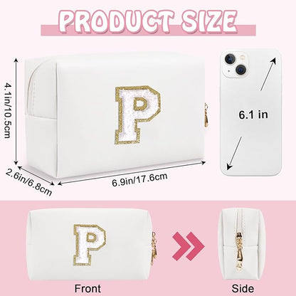 Personalized Initial Preppy Makeup Bag Organizer, White Small Travel Cosmetic Bag Monogram Toiletry Zipper Pouch, Portable Waterproof PU Makeup Case for Women Brides Female Proposal Gift(Letter P)