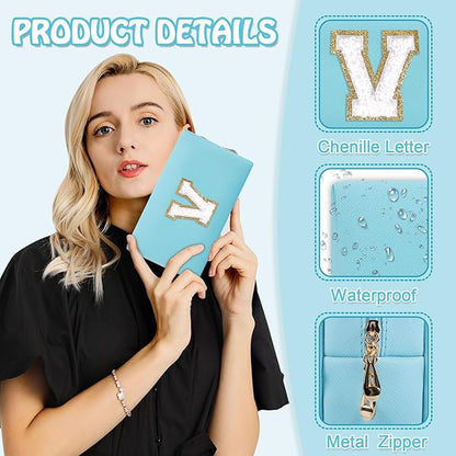Personalized Initial Preppy Patch Makeup Bag, Cute Blue Cosmetic Organizer Travel Toiletry Zipper Pouch Small Makeup Bag for Purse, PU Leather Make Up Storage Valentines Day Gifts for Women(Letter V)