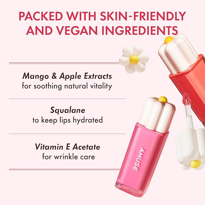 Amuse SEOUL Daisy Flower Dew Tint 12 SUNDAY | 35% High-moisture Water Tint, Long-lasting, Vitamin E Acetate, Moisturizing, No Peel Off, Lip Treatment, Non Sticky, Korean Lip Tint for Dry Lips
