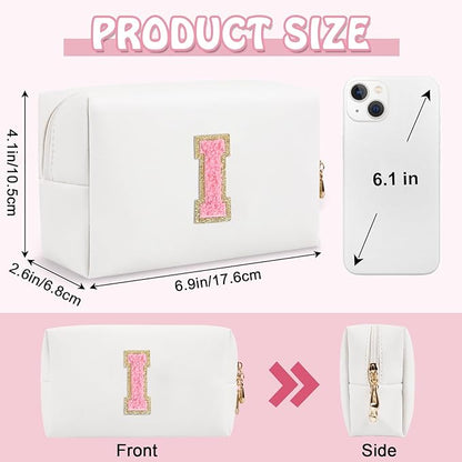 Personalized Small Travel Preppy Makeup Bag, Initial Cute Chenille Letter Cosmetic Organizer Toiletry Pouch, Waterproof Portable PU Monogram Make Up Case Preppy Stuff for Women Friends(Letter I)