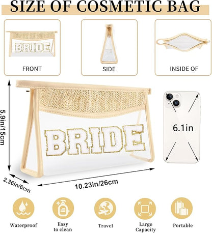 Small Boho Straw Clear Bride Makeup Bags for Women&Girls, Zipper Cosmetic Bag Chenille Varsity Letter Patch Bag, Preppy Cute Toiletry Pouch, Trendy Organizer Storage Bag for Beach Travel Essentials