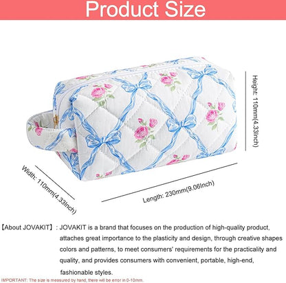 JOVAKIT Travel Makeup Bag Cosmetic Bag for Women, Christmas Gifts, Small Floral Flowers Coquette Toiletry Bag with Handle, Zipper Make Up Pouch Organizer Bag Trendy Stuff (Blue Bowknot)