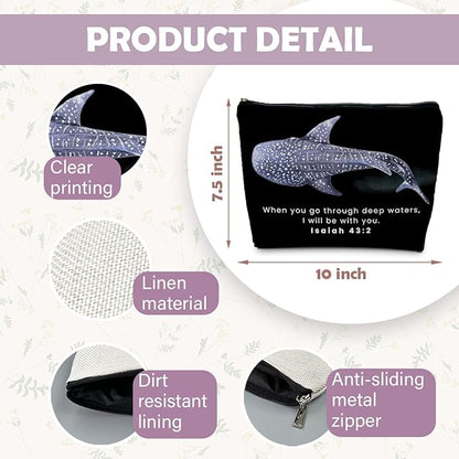 Whale Shark Christian Makeup Bag Pouch, Christian Shark Gifts for Women, Bible Verse Gifts Isaiah 43:2, When you go through deep waters I will be with you(black)