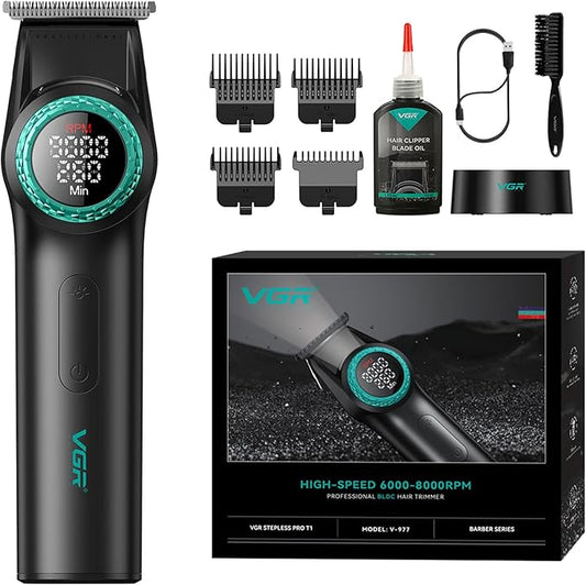 VGR 977 Professional Hair Trimmer Hair Clippers for Men, 8000rpm T-Blade Trimmer Zero Gapped Cordless Barber Clippers, Rechargeable Edgers Clippers with LED Display(Black)