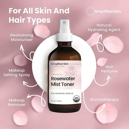 Rose Water Spray for Face & Hair – Pure USDA Organic Rosewater Toner – Refreshing Mist for Skin Care, Makeup & Locs – Natural Rose Scent, 4 Oz