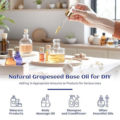 HIQILI 3.38 Fl Oz Organic Grapeseed Oil for Hair, for Skin, Carrier Oil for Essential Oils Mixing, 100% Pure & Natural-100ML