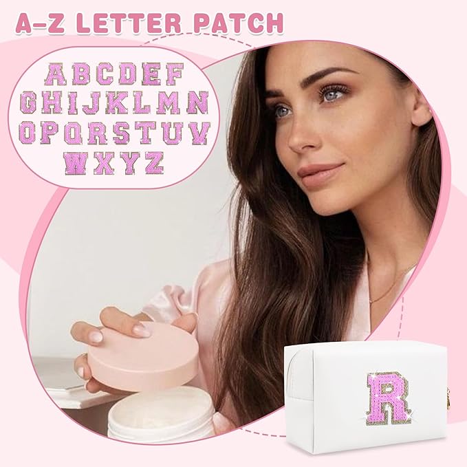 Small Initial Patch Makeup Bag Personalized Gifts Make Up Bag,White Cute PU Leather Glitter Letter Cosmetic Bag with Zipper,Trendy Portable Travel Toiletry Pouch,Preppy Stuff for Teen Girls Women R