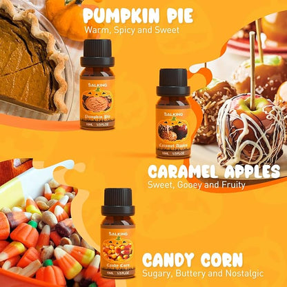 SALKING Halloween Fragrance Oils, Premium Essential Oils for Diffuser, Scented Oils Gift Set for Soap Candle Making - Pumpkin Pie,Caramel Apples,Candy Corn, Snickerdoodle, Caramel Corn, Apple Cider
