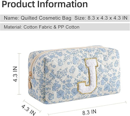 Gleyemor Personalized Initial Makeup Bag for Women, Cute Quilted Blue Floral Cotton Cosmetic Bag, Christmas Gifts for Her Mom Friend Sister Bridesmaid Teacher Women J