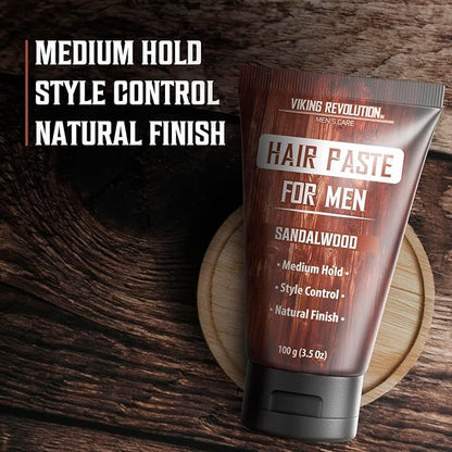 Viking Revolution Hair Paste for Men - Sandalwood Scented Texture Paste - Medium Hold, Natural Finish - Matte Look, Easy Wash Out, Non-Greasy Styling Cream for All Day Control (3.5oz)