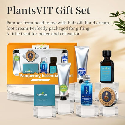 Pampering Gift for Women - Self Care Christmas Gifts Set, 6 Travel Size Essentials, Moroccan Argan Oil, Beef Tallow, Avocado Oil, Shea Butter, Bath Salt, Candle, Hair & Hand Repair, Foot Cream