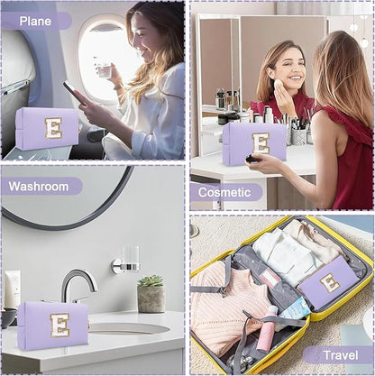 Personalized Chenille Letter Preppy Makeup Bag, Small Purple Initial Cosmetic Organizer Toiletry Zipper Pouch Monogram Make Up Storage, Waterproof PU Make Up Case Travel Essentials for Women(Letter E)