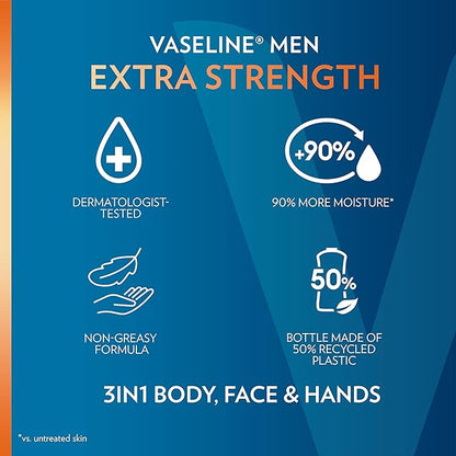 Vaseline Lotion for Men Extra Strength 3-in-1 for Face, Hands & Body + Original Lip Therapy for Dry Lips with Petroleum Jelly (3 Piece Set)