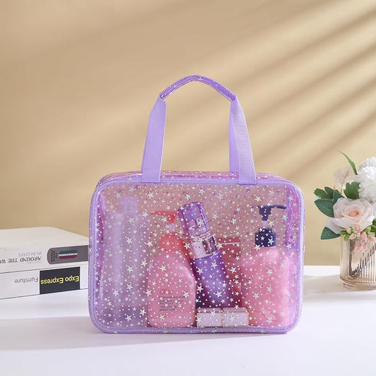 Yaopeing 2Pcs PVC Clear Makeup Bag Organizer for Women,Star Transparent Cosmetic Case Travel Toiletry Pouch with Zipper,Large Make Up Purse for Daily Accessory,Purple