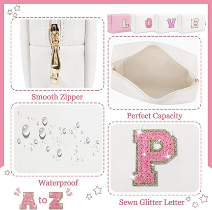 Personalized Initial Letter Makeup Bag, Small Preppy Glitter Letter Cosmetic Pouch PU Waterproof Zipper Travel Toiletry Bag, Unique Letter Patch Makeup Organizer Gift for Women Teen Girls(Letter P)