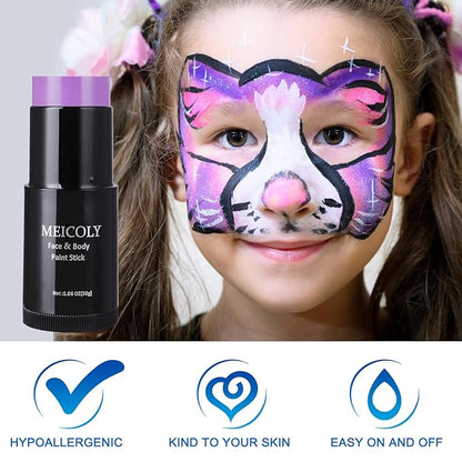 MEICOLY Light Purple Face Body Paint Stick(1.06 Oz),Cream Lavender Periwinkle Body Paint ,Sweatproof Waterproof Purple Eye Black for Sports,Violet Lilac Face Paint for Halloween SFX Ursula Cosplay