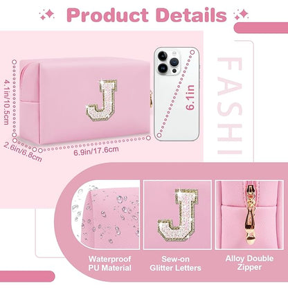 Small Personalized Initial A-Z Patch Makeup Bag,Pink Cute PU Leather Glitter Letter Cosmetic Bag for Teen Girls,Travel Toiletry Bag with Zipper,Preppy Monogrammed Birthday Gift for Daughter Niece J