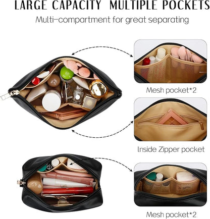 Women Gifts | Initial Makeup Bag Set for Girl Personalized Gifts for Bridesmaid Friend Graduation Teachers PU Leather Cosmetic Travel Toiletry Bag(Black,B)