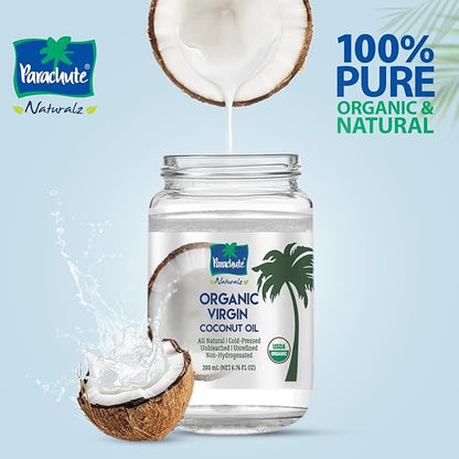 Parachute Naturalz Organic Virgin Coconut Oil | Cooking, Hair, Body Oil & Pulling | Cold Pressed | Unrefined | Unbleached | MCT Oil | USDA Certified | 6.7 fl.oz | Pack of 2 | Glass Jar