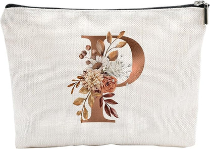 A-Z Boho Personalized Cosmetic Bag-Floral Cotton Letter Makeup Bag With Zipper-Artistic Cosmetic Bag For Travel-Bride,Birthday Gift For Women Daughter Friends-Women Makeup Organizer-A16